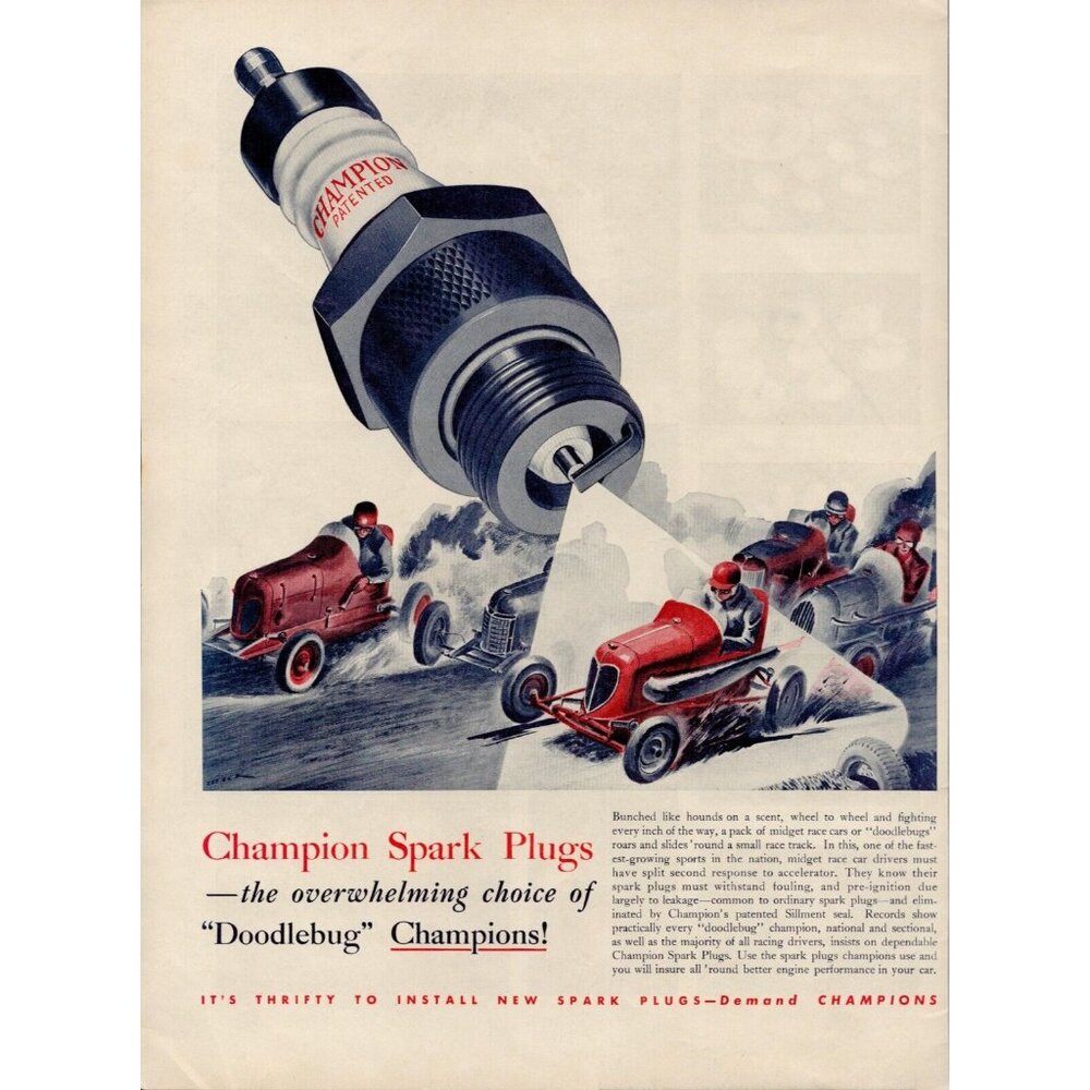 1939 Champion Spark Plugs "Doodlebug" Champions Vintage Print Ad (L10)